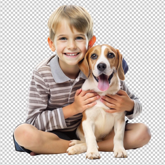 PSD happy boy kid with pet dog isolated on transparent background