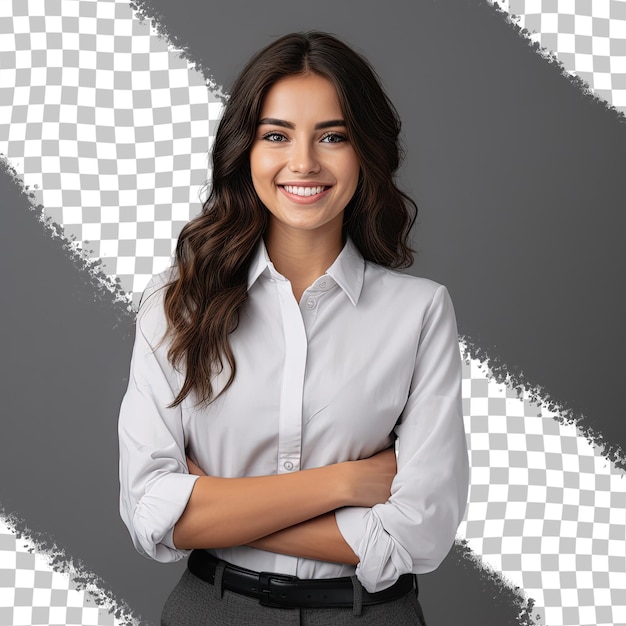 Happy brunette female student in a white shirt smiling with arms crossed on a transparent background