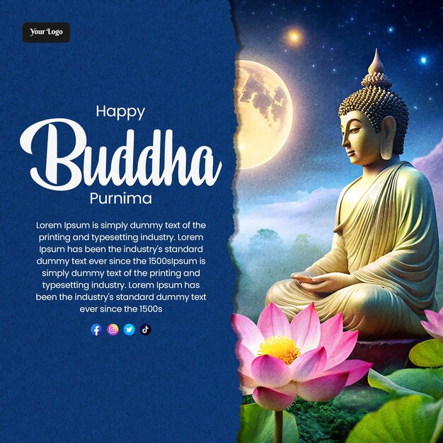 PSD happy buddha purnima poster template with buddha statue background