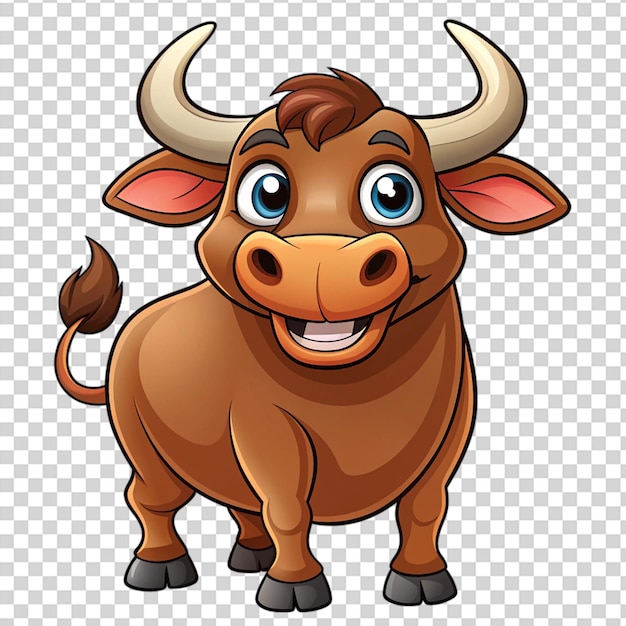 A happy bull with horns and a long tail on transparent background