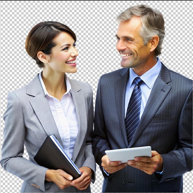 Happy business colleagues discussing over tablet pc