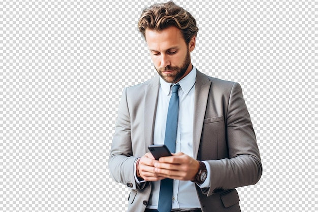 PSD happy business leader using smartphone isolated on a transparent background