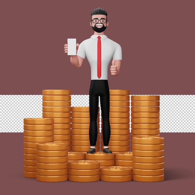 Happy business man standing on the pile of money with blank phone 3d rendering