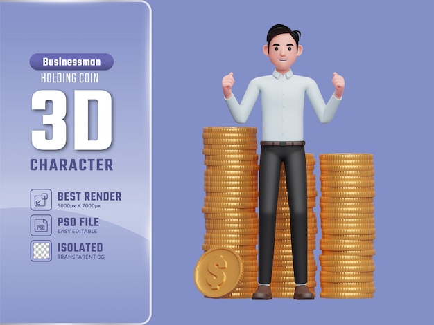 Happy businessman in blue shirt getting lots of piles of gold coins 3d illustration of a businessman in a blue shirt holding dollar coin