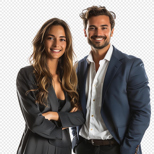 Happy businessman and businesswoman on isolated transparent background