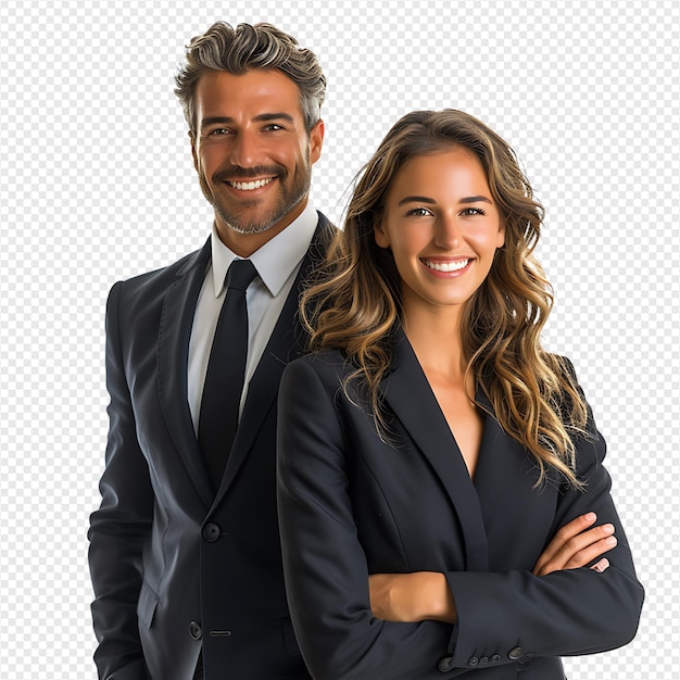 PSD happy businessman and businesswoman on isolated transparent background