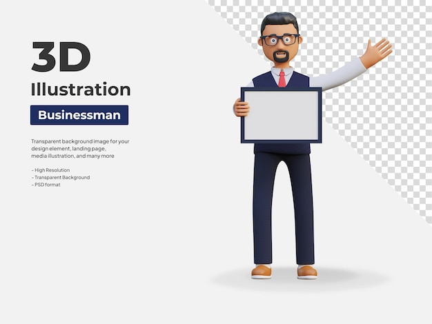 Happy businessman holding blank board page and waving hand 3d character illustration