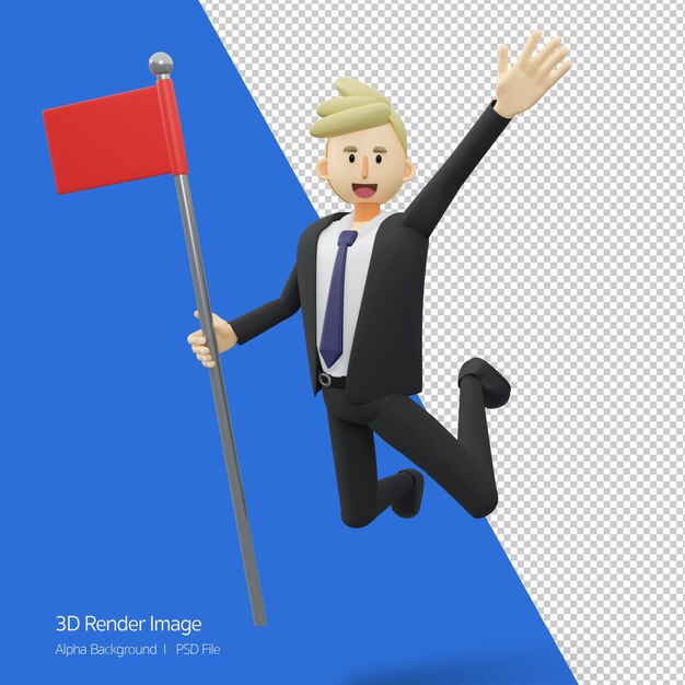 Happy businessman holding goal flag and jumpingsuccess concept3d rendering cartoon illustration