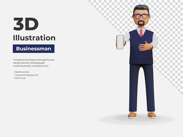 Happy businessman holding smartphone showing blank screen template 3d character illustration