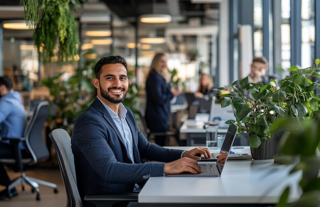 PSD happy businessman sitting at his desk with laptop and looking to camera while standing office worker