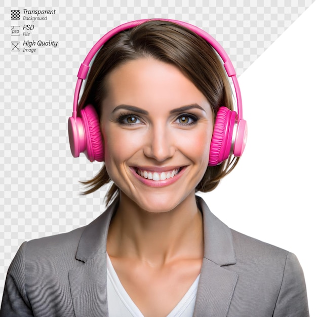 PSD happy businesswoman wearing pink headphones on transparent background