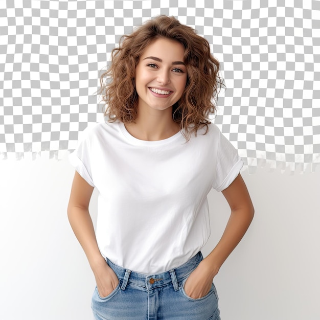 Happy carefree woman with joyful expression smiling while standing in relaxed pose against transparent background holding hands in jeans pockets