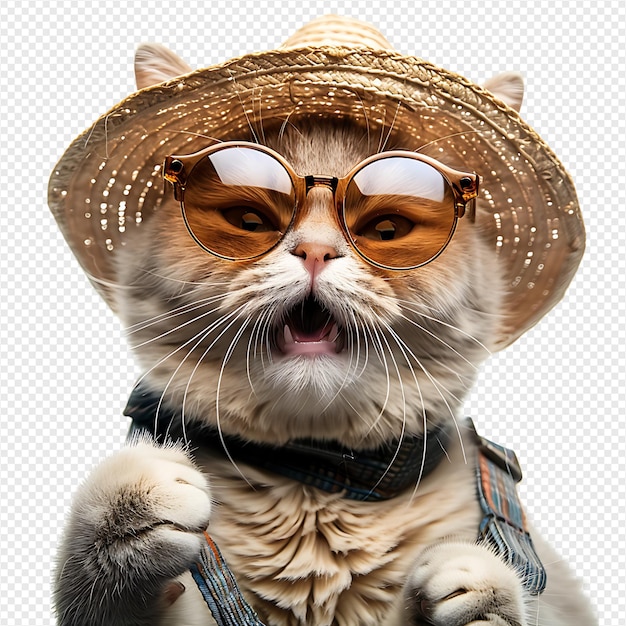 Happy Cat wearing summer glasses and hat on isolated transparent background