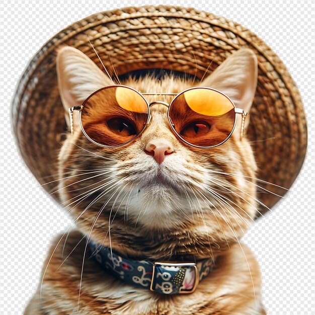 PSD happy cat wearing summer glasses and hat on isolated transparent background