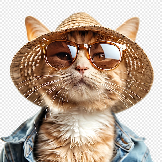 Happy Cat wearing summer glasses and hat on isolated transparent background