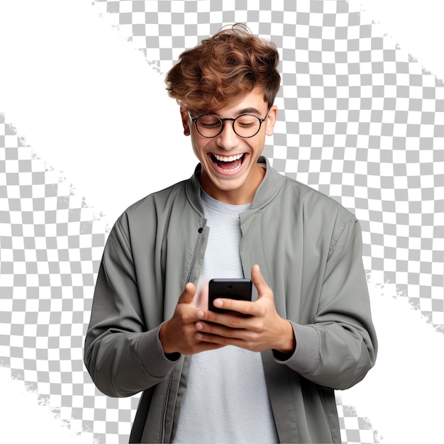 Happy caucasian young man using smart phone cellphone for calls social media mobile application online isolated in transparent background