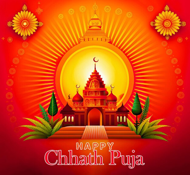 Happy Chhath Puja Holiday background for Sun festival of India with the temple background