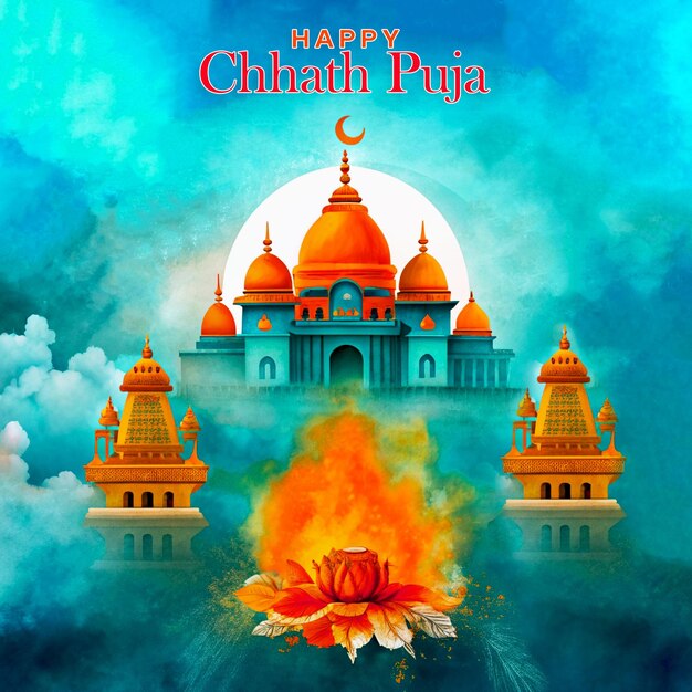 Happy Chhath Puja Holiday background for Sun festival of India with the temple background