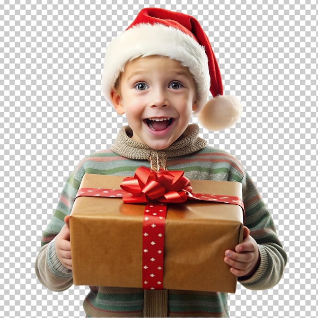 Happy child in red sweater and Santa hat holding Christmas present