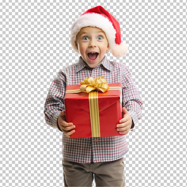 Happy child in red sweater and Santa hat holding Christmas present