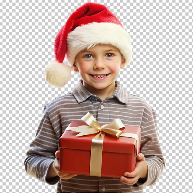 Happy child in red sweater and Santa hat holding Christmas present