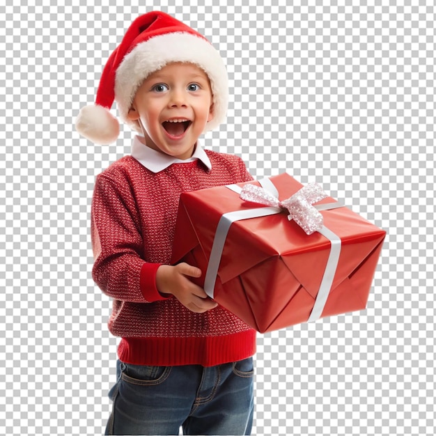 Happy child in red sweater and Santa hat holding Christmas present