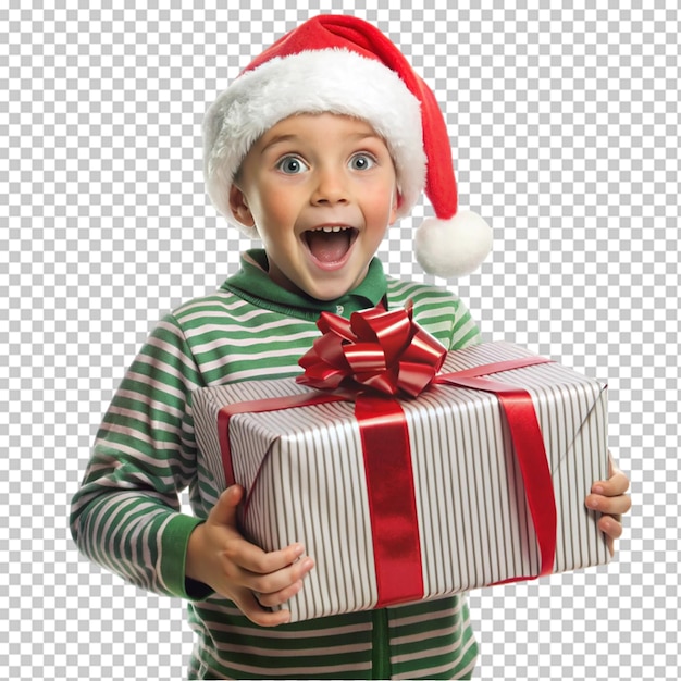 Happy child in red sweater and Santa hat holding Christmas present