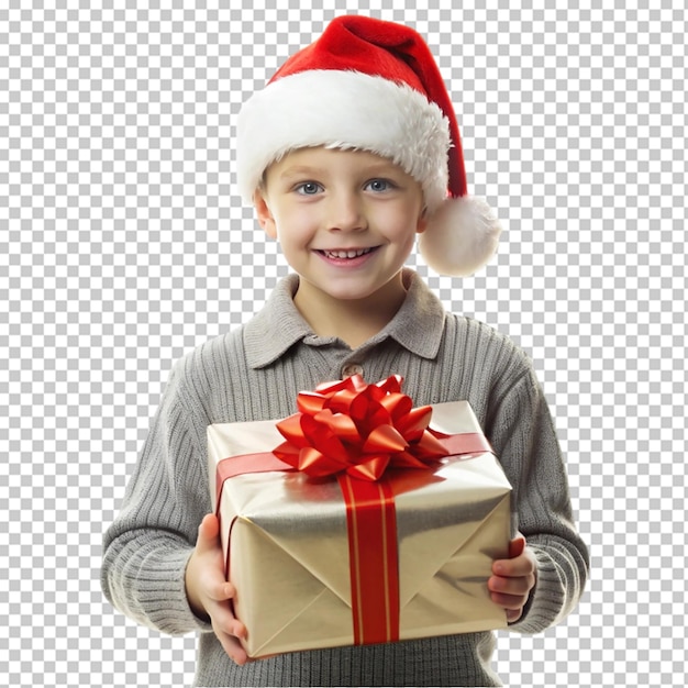 Happy child in red sweater and Santa hat holding Christmas present