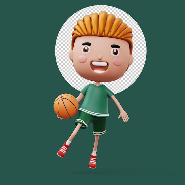 Happy child with basketball ball cute boy cartoon character 3d rendering illustration