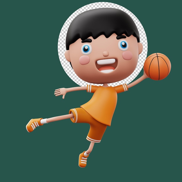 Happy child with basketball ball cute boy cartoon character 3d rendering illustration