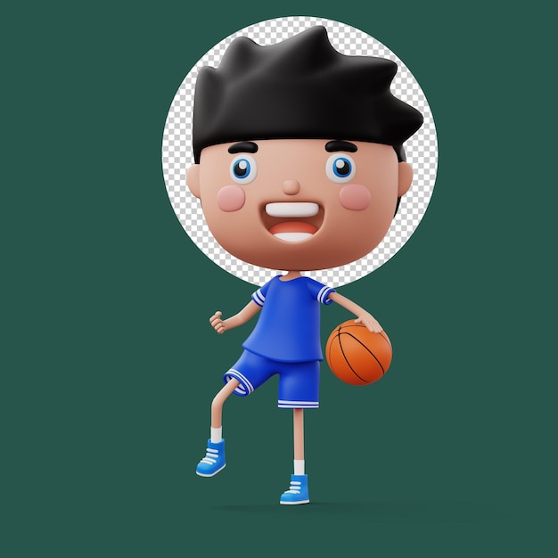 Happy child with basketball ball cute boy cartoon character 3d rendering illustration