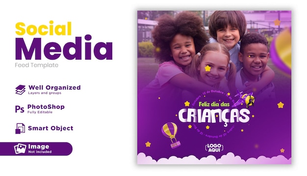 Happy children's day post social media for marketing campaign in brazil in portuguese