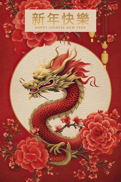 Happy Chinese New Year Poster 2024 Year of Dragon Illustration Generative AIxD