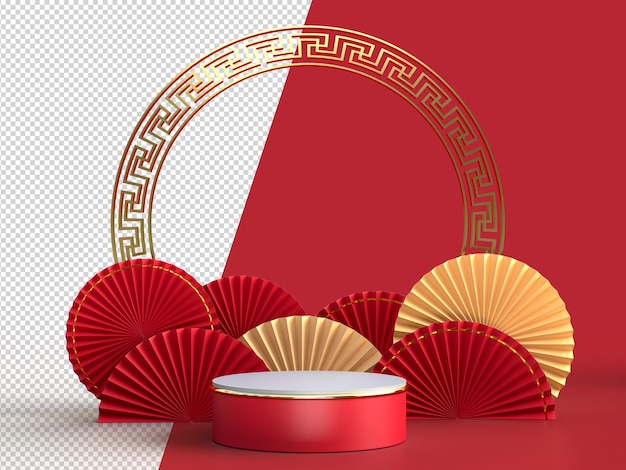 Happy Chinese New Year. Realistic design elements, display podium, paper fan medallion with chinese decoration. Oriental Asian style mock up designs. 3D Rendering