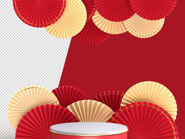 Happy Chinese New Year. Realistic design elements, display podium, paper fan medallion with chinese decoration. Oriental Asian style mock up designs. 3D Rendering