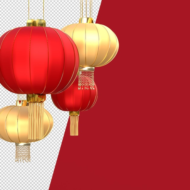 Happy Chinese New Year. Realistic design elements, lanterns hanging . Oriental Asian style mock up designs. 3D Rendering