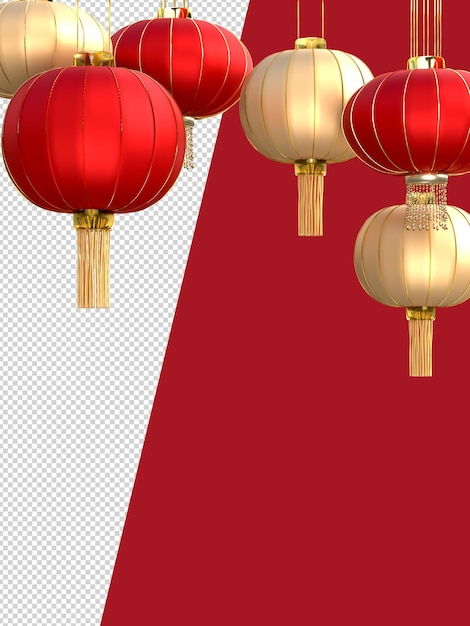 Happy Chinese New Year. Realistic design elements, lanterns hanging . Oriental Asian style mock up designs. 3D Rendering