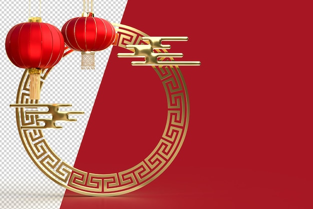 Happy Chinese New Year. Realistic design elements, lanterns hanging with chinese decoration. Oriental Asian style mock up designs. 3D Rendering