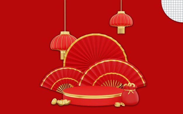 Happy Chinese New Year with lantern 3D rendering podium product display