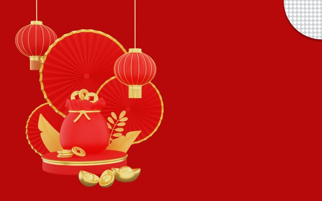 Happy Chinese New Year with lucky bag lantern sycee and coin 3D rendering