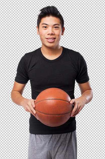 Happy chinese sport man with basket ball