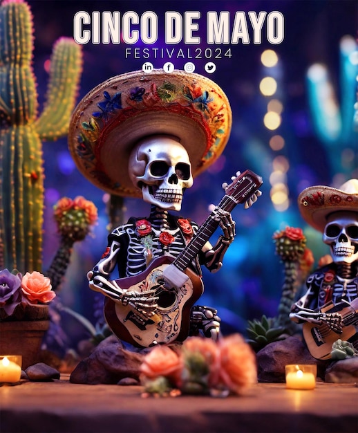 Happy Cinco de Mayo beautiful skull and Mexican Festival with Poster Design