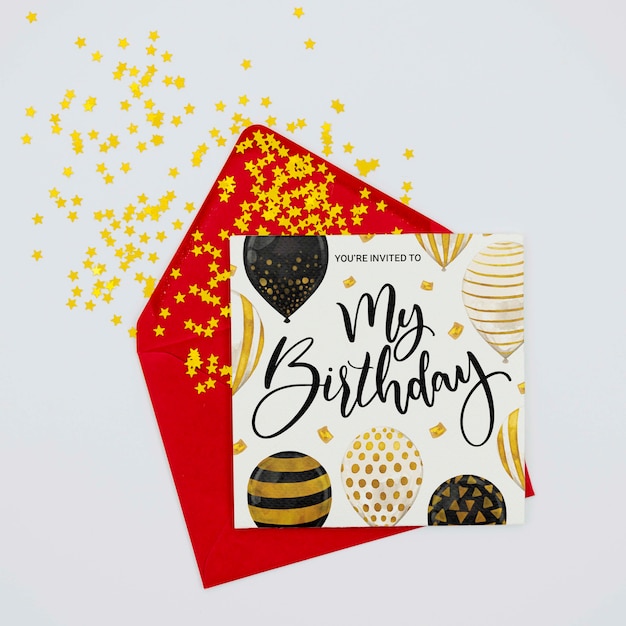 Happy colourful birthday letter and envelope with confetti