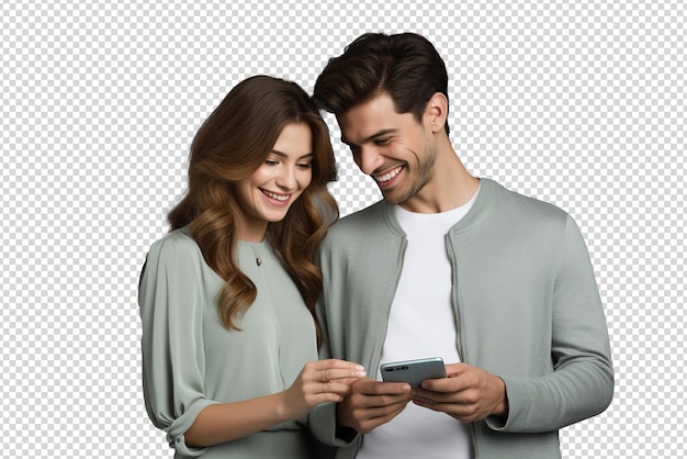 happy couple using smartphone isolated on a transparent background