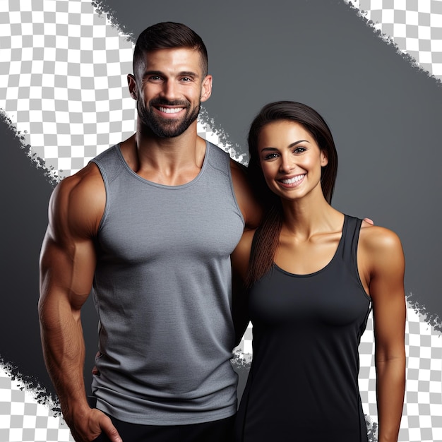 Happy couple in workout clothes posing against a transparent background Fit couple unwinding after exercise side by side