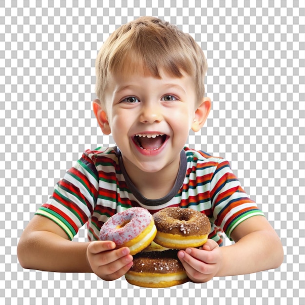 PSD a happy cute boy is having fun played with donuts on transparent background