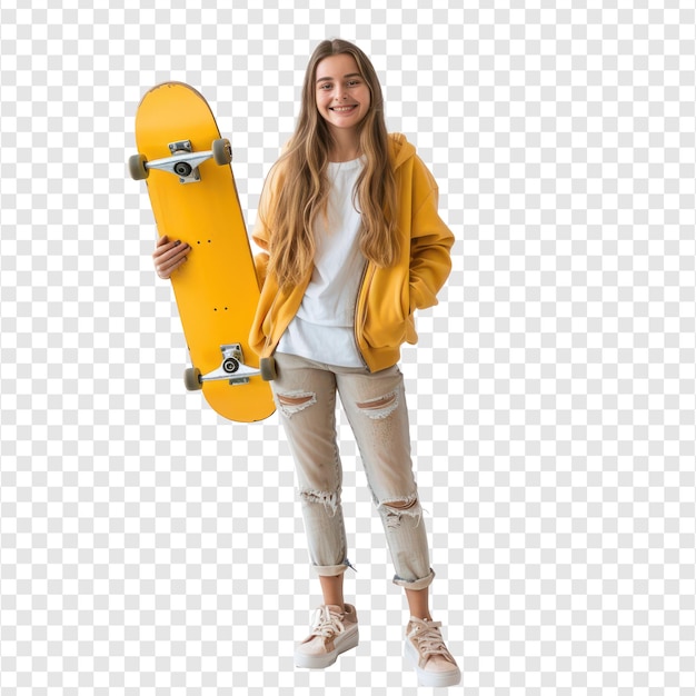 PSD happy cute girl standing while holding skateboard isolate on transparency background psd