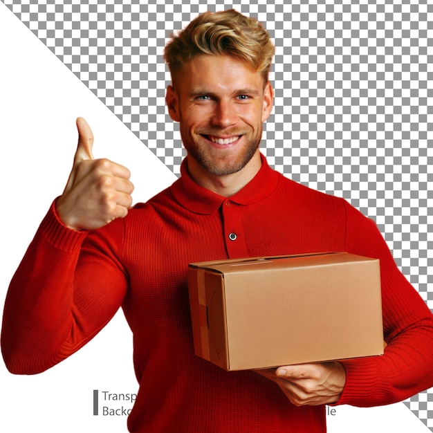 Happy Delivery Man Holding a Package and Giving a Thumbs Up