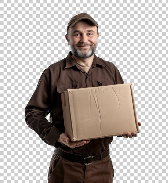 PSD happy delivery man holding package isolated on transparent background