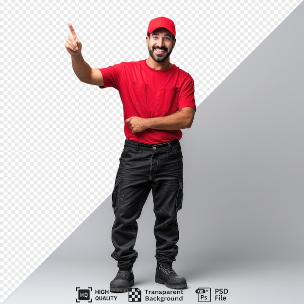 Happy delivery man in red cap and tshirt pointing at camera with a smile